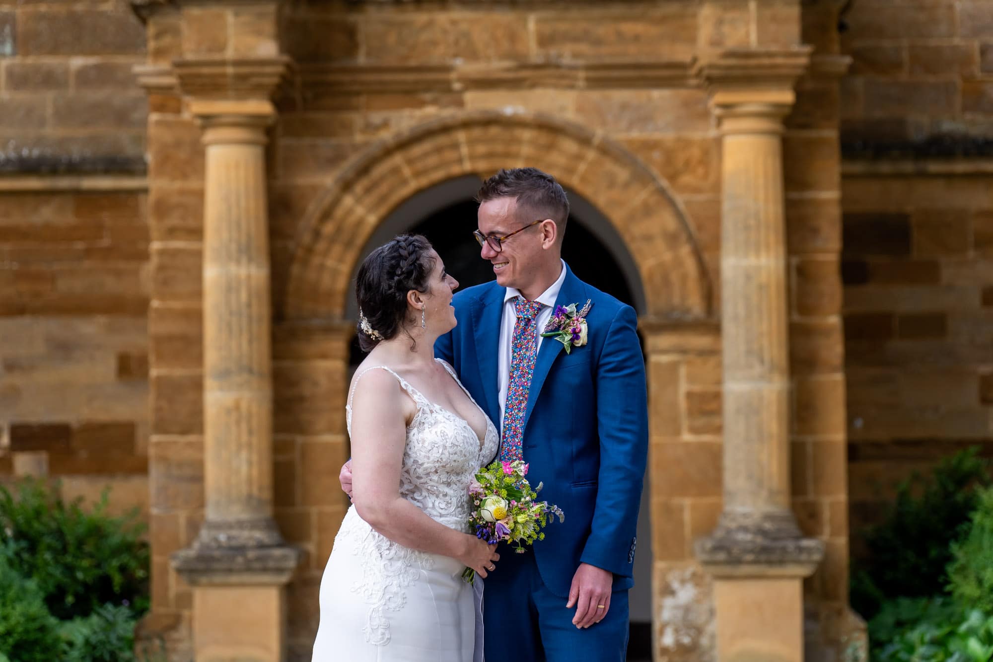 Bride and Groom in front of Delapre Abbey, Northamptonshire